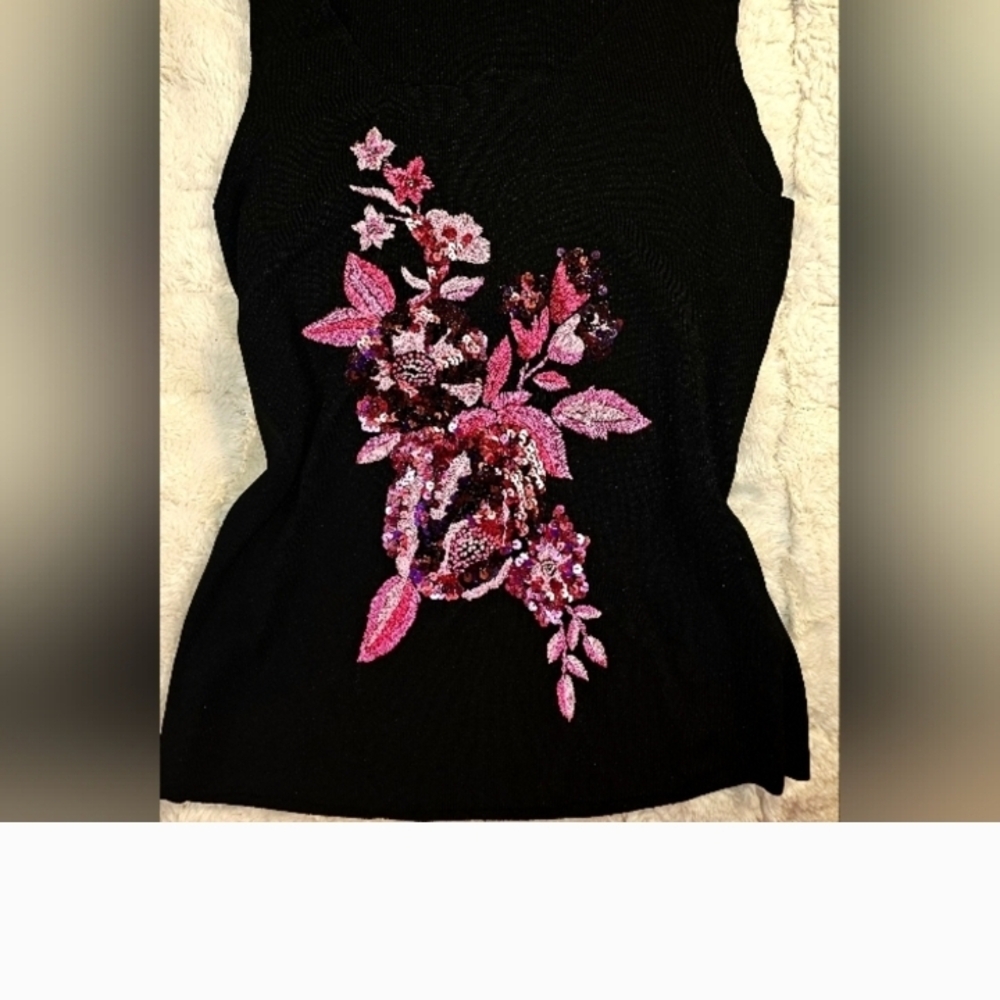 Floral Embellished Black Sleeveless Top
